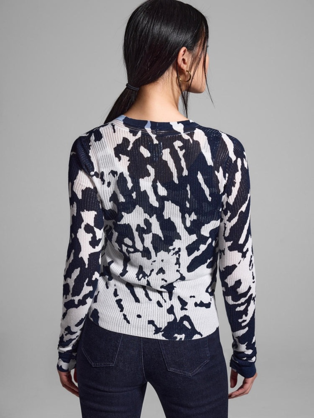 NIC+ZOE Navy and White Abstract Ribbed Crew Sweater